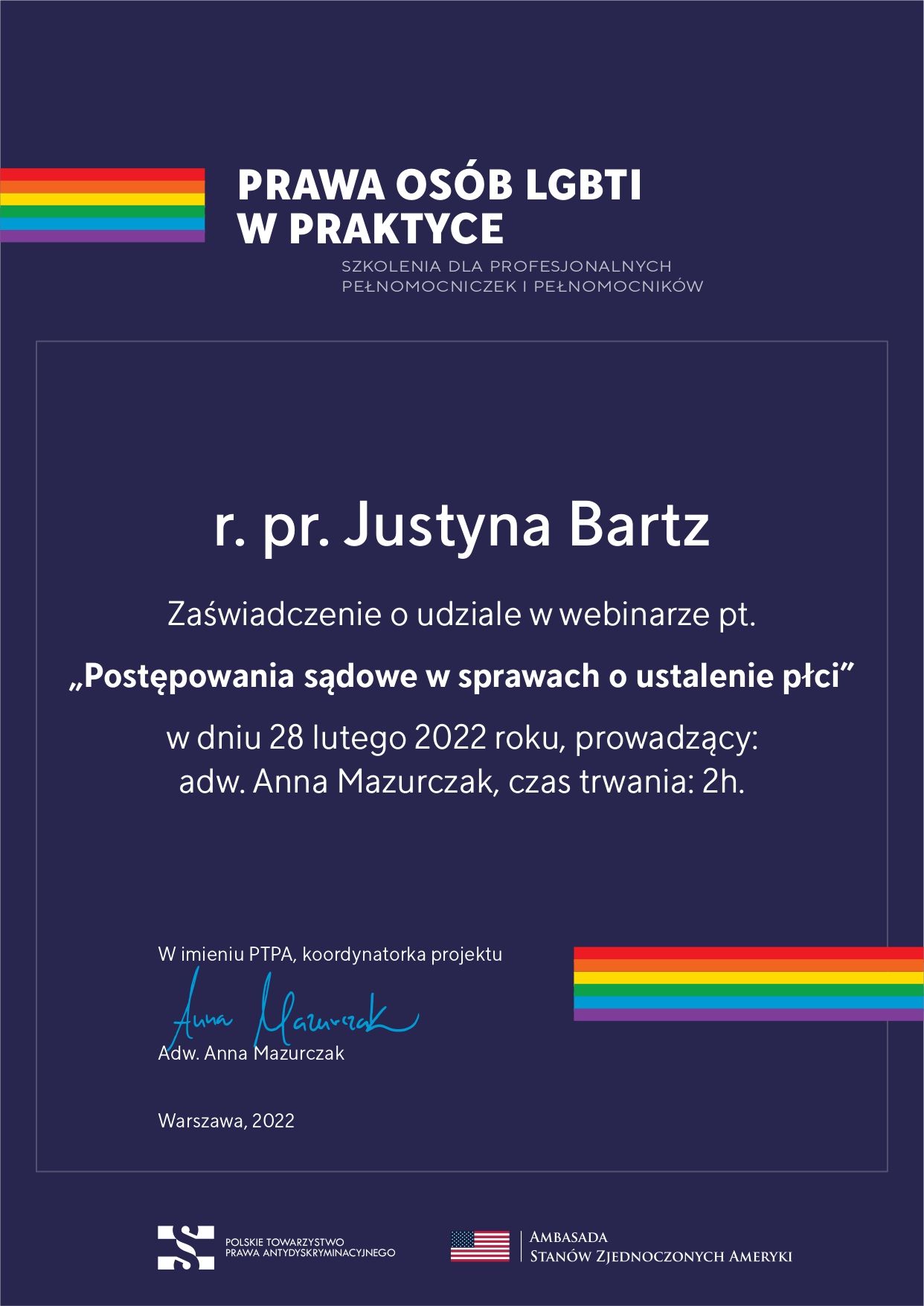 Certyfikat webinaru: Postępowania sądowe w sprawach o ustalenie płci, PTPA 2022