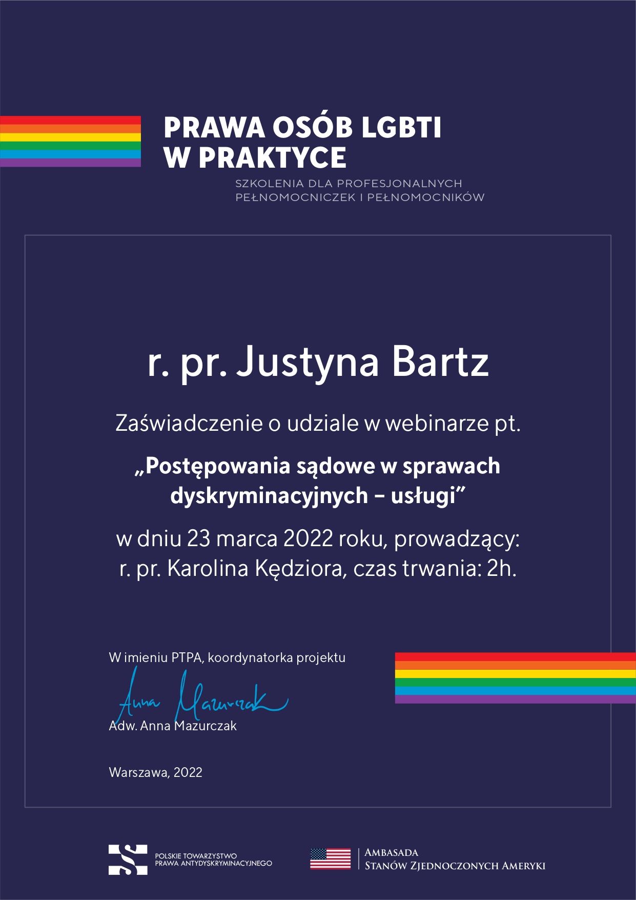 Certyfikat webinaru: Postępowania sądowe w sprawach dyskryminacyjnych – usługi, PTPA 2022